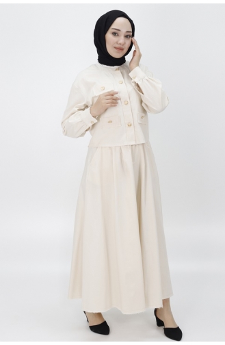 Pointe Linen Fabric Double Suit With Pocket And Button Detailed Skirt 14222-02 Stone 14222-02