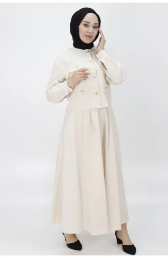 Pointe Linen Fabric Double Suit With Pocket And Button Detailed Skirt 14222-02 Stone 14222-02