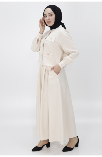 Pointe Linen Fabric Double Suit With Pocket And Button Detailed Skirt 14222-02 Stone 14222-02