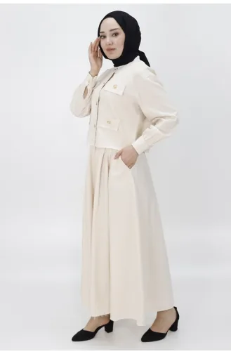 Pointe Linen Fabric Double Suit With Pocket And Button Detailed Skirt 14222-02 Stone 14222-02
