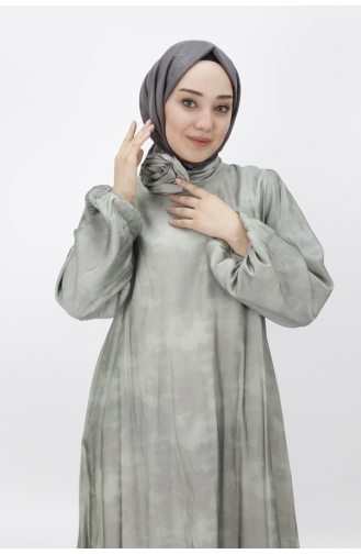 Robe De Soirée Hijab En Tissu Satiné à Pointe Avec Ceinture Et Manches Ballon 12535-01 Vert 12535-01