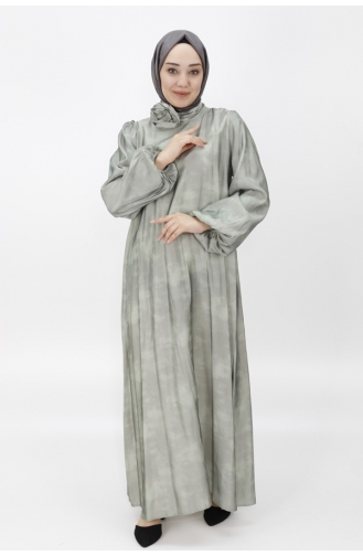 Robe De Soirée Hijab En Tissu Satiné à Pointe Avec Ceinture Et Manches Ballon 12535-01 Vert 12535-01