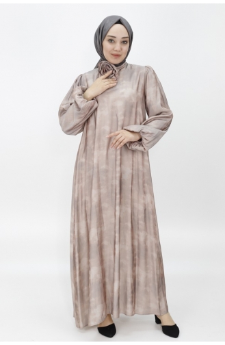 Robe De Soirée Hijab En Tissu Satiné à Pointe Avec Ceinture Et Manches Ballon 12535-02 Beige 12535-02