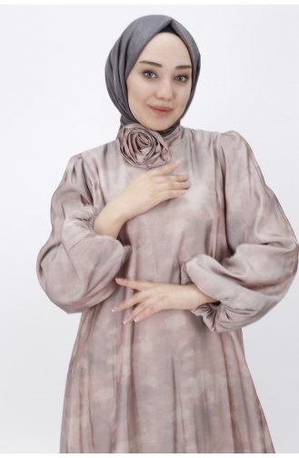Robe De Soirée Hijab En Tissu Satiné à Pointe Avec Ceinture Et Manches Ballon 12535-02 Beige 12535-02