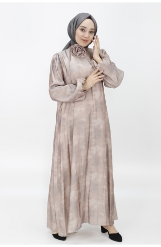 Spitzensatin-Stoff Taillengürtel Ballonärmel Hijab-Abendkleid 12535-02 Beige 12535-02