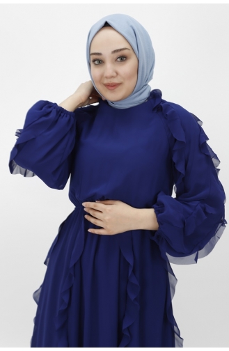 Robe De Soirée Hijab Détaillée à Volants Et Taille Elastique En Mousseline De Soie 12523-01 Bleu Marine 12523-01