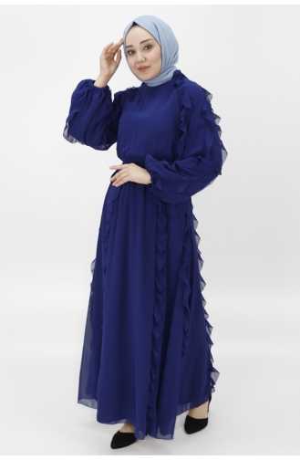 Robe De Soirée Hijab Détaillée à Volants Et Taille Elastique En Mousseline De Soie 12523-01 Bleu Marine 12523-01