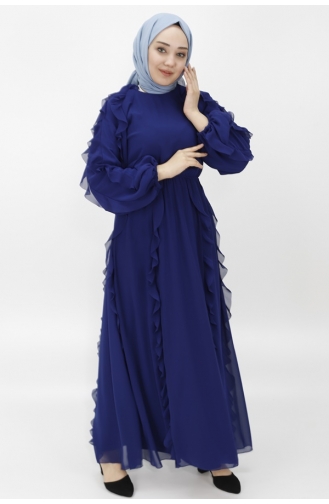 Robe De Soirée Hijab Détaillée à Volants Et Taille Elastique En Mousseline De Soie 12523-01 Bleu Marine 12523-01
