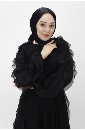 Robe De Soirée Hijab Détaillée à Volants Et Taille Elastique En Mousseline De Soie 12523-02 Noir 12523-02