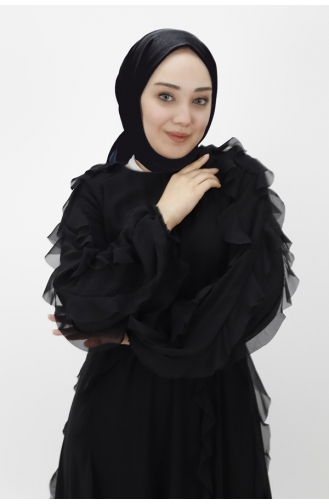 Pointe Chiffon Stof Elastische Taille Ruche Gedetailleerde Hijab Avondjurk 12523-02 Zwart 12523-02