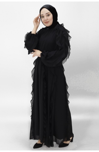 Pointe Chiffon Stof Elastische Taille Ruche Gedetailleerde Hijab Avondjurk 12523-02 Zwart 12523-02
