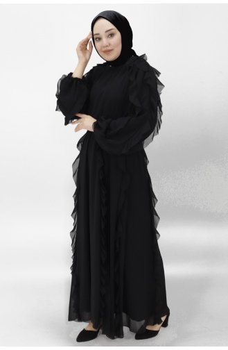 Robe De Soirée Hijab Détaillée à Volants Et Taille Elastique En Mousseline De Soie 12523-02 Noir 12523-02