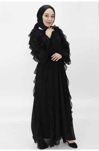 Robe De Soirée Hijab Détaillée à Volants Et Taille Elastique En Mousseline De Soie 12523-02 Noir 12523-02