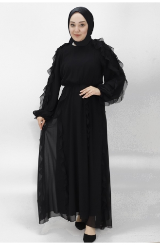 Pointe Chiffon Fabric Elastic Waist Ruffle Detailed Hijab Evening Dress 12523-02 Black 12523-02