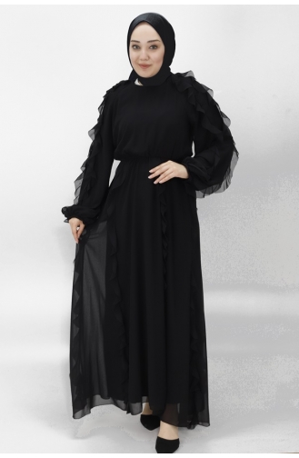 Robe De Soirée Hijab Détaillée à Volants Et Taille Elastique En Mousseline De Soie 12523-02 Noir 12523-02