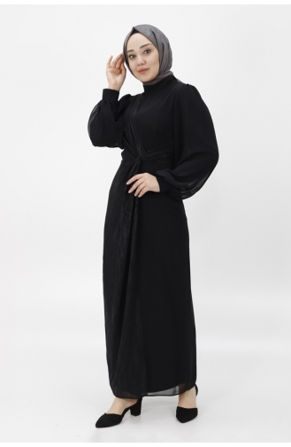 Pointe Chiffon Fabric Jacquard Patterned Hijab Evening Dress 12511-01 Black 12511-01