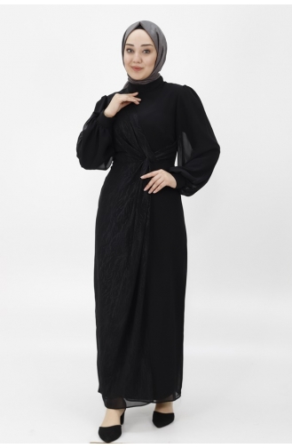 Pointe Chiffon Fabric Jacquard Patterned Hijab Evening Dress 12511-01 Black 12511-01