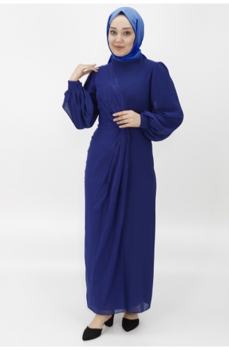 Robe De Soirée Hijab à Motifs Jacquard En Tissu Mousseline De Soie 12511-02 Bleu Marine 12511-02