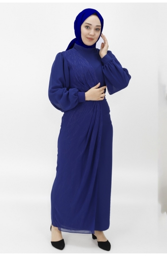 Robe De Soirée Hijab à Motifs Jacquard En Tissu Mousseline De Soie 12511-02 Bleu Marine 12511-02