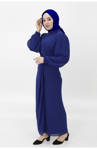 Robe De Soirée Hijab à Motifs Jacquard En Tissu Mousseline De Soie 12511-02 Bleu Marine 12511-02