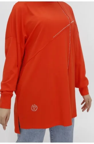 Puane Viskon Kumaş Önü Taşli Tesettür Tunik 10469-01 Oranj