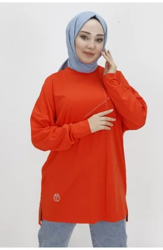 Puane Viskon Kumaş Önü Taşli Tesettür Tunik 10469-01 Oranj