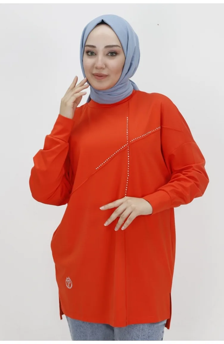 Puane Viskon Kumaş Önü Taşli Tesettür Tunik 10469-01 Oranj