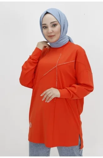 Puane Viskon Kumaş Önü Taşli Tesettür Tunik 10469-01 Oranj