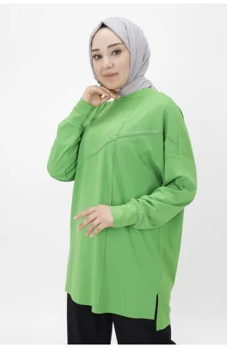 Puane Viskon Kumaş Önü Taşli Tesettür Tunik 10469-02 Yeşil