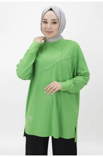 Puane Viskon Kumaş Önü Taşli Tesettür Tunik 10469-02 Yeşil
