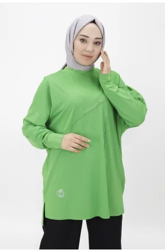 Puane Viskon Kumaş Önü Taşli Tesettür Tunik 10469-02 Yeşil