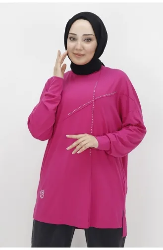 Puane Viskon Kumaş Önü Taşli Tesettür Tunik 10469-04 Fuşya