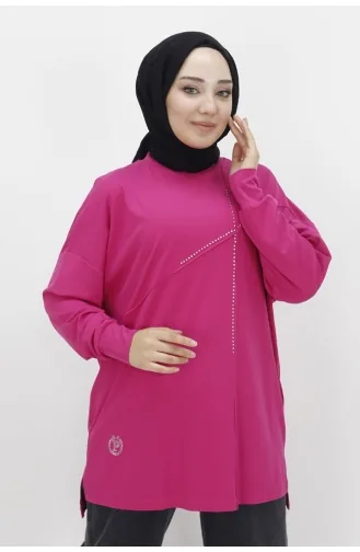 Puane Viskon Kumaş Önü Taşli Tesettür Tunik 10469-04 Fuşya