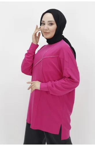 Puane Viskon Kumaş Önü Taşli Tesettür Tunik 10469-04 Fuşya