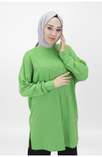 نوكتاي تونيك للحجاب مصنوع من قماش الفيسكوز بتصميم خطوط حجرية على الجهة الأمامية 10466-01 لون أخضر 10466-01