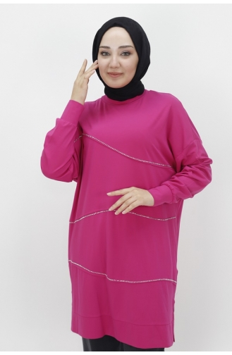 تونيك للحجاب مُخطط بتفاصيل من الفيسكوز وأحجار لامعة 10466-03 لون فوشيا 10466-03