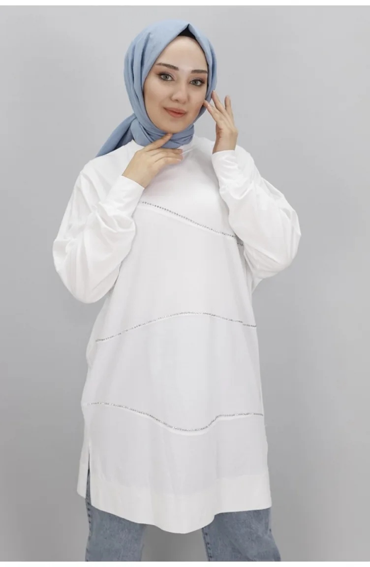 Noktae Tunique Hijab Rayé Pierre En Tissu Viscose 10466-04 Ecru 10466-04