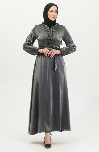 Simli Keten Kuşaklı Elbise 81863-05 Gümüş