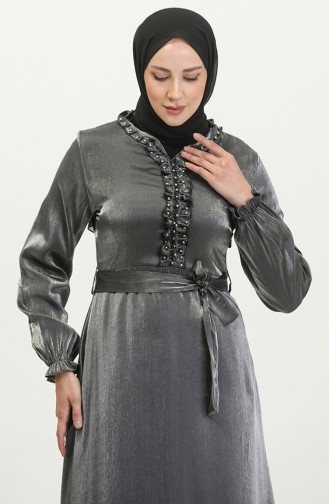 Simli Keten Kuşaklı Elbise 81863-05 Gümüş