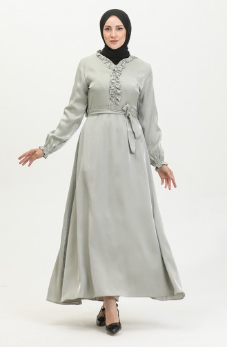 Simli Keten Kuşaklı Elbise 81863-06 Mint Yeşili