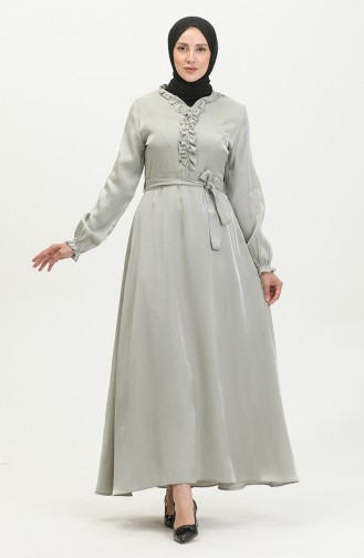 Simli Keten Kuşaklı Elbise 81863-06 Mint Yeşili