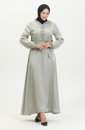 Simli Keten Kuşaklı Elbise 81863-06 Mint Yeşili