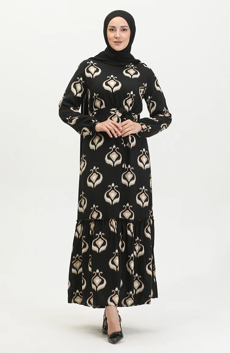 Robe Viscose à Volants Et Ceinturée Alisa 4599A-02 Vison Noir 4599A-02
