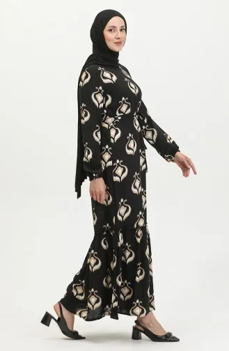 Robe Viscose à Volants Et Ceinturée Alisa 4599A-02 Vison Noir 4599A-02