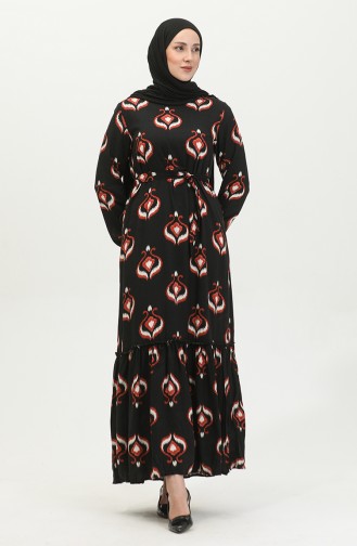 Alisa Robe Evasée En Viscose à Ceinture 4599A-03 Carreau Noir 4599A-03