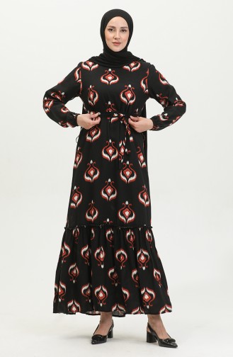 Alisa Robe Evasée En Viscose à Ceinture 4599A-03 Carreau Noir 4599A-03