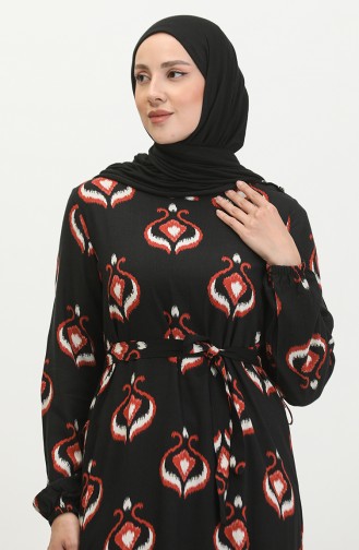 Alisa Robe Evasée En Viscose à Ceinture 4599A-03 Carreau Noir 4599A-03