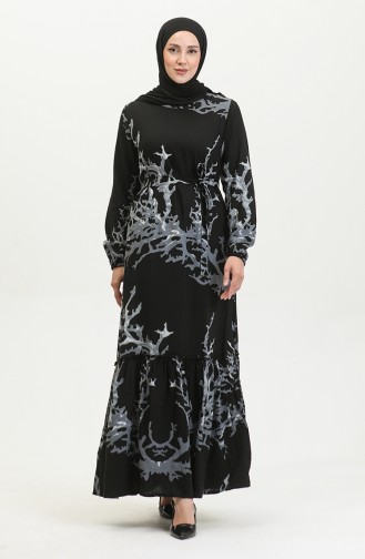 Alisa Robe Evasée En Viscose à Ceinture 4599B-01 Noir Gris 4599B-01