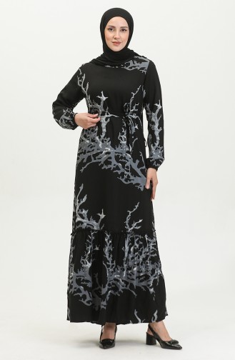 Alisa Robe Evasée En Viscose à Ceinture 4599B-01 Noir Gris 4599B-01