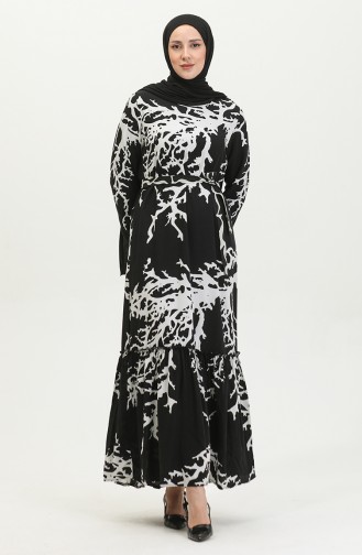 Robe Viscose à Volants Et Ceinturée Alisa 4599B-02 Noir Blanc 4599B-02